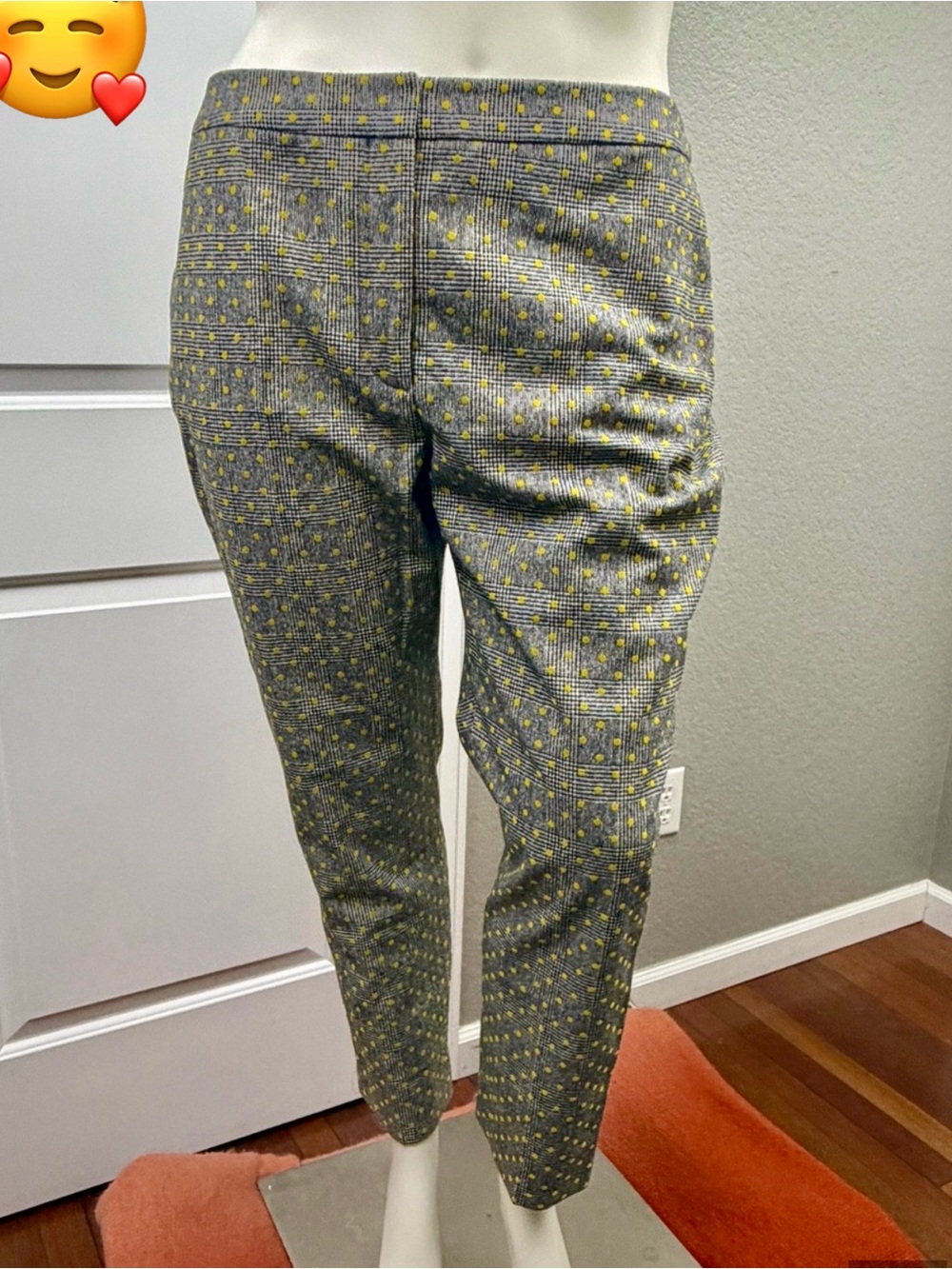 Boden Gray Houndstooth Trousers with Yellow Velvet Polka Dot Pattern